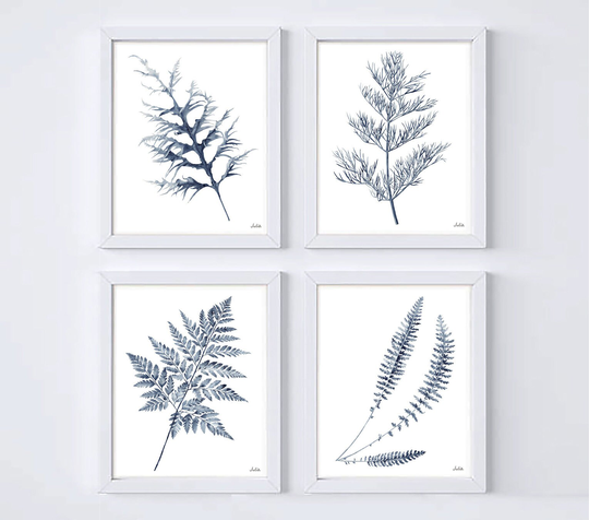 Herb Prints Botanical Wall Art Indigo Set Of 2, 3, 4 Nature Ferns Watercolor Painting