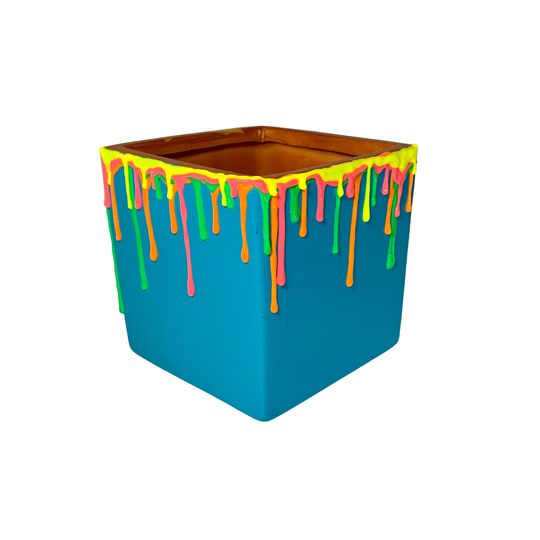 Drippy 4 Inch Cube Planter | Terra Cotta Rainbow Drip Art With Drainage Hole