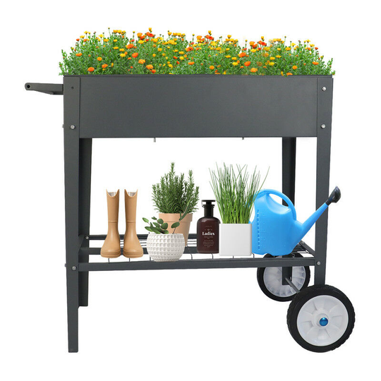 Elevated Metal Planter with Wheels, Metal Garden Planter with Wheels, Mobile Plant Bed Elevated Handlebar and Bottom Shelf, Outdoor Plant Grow Bed