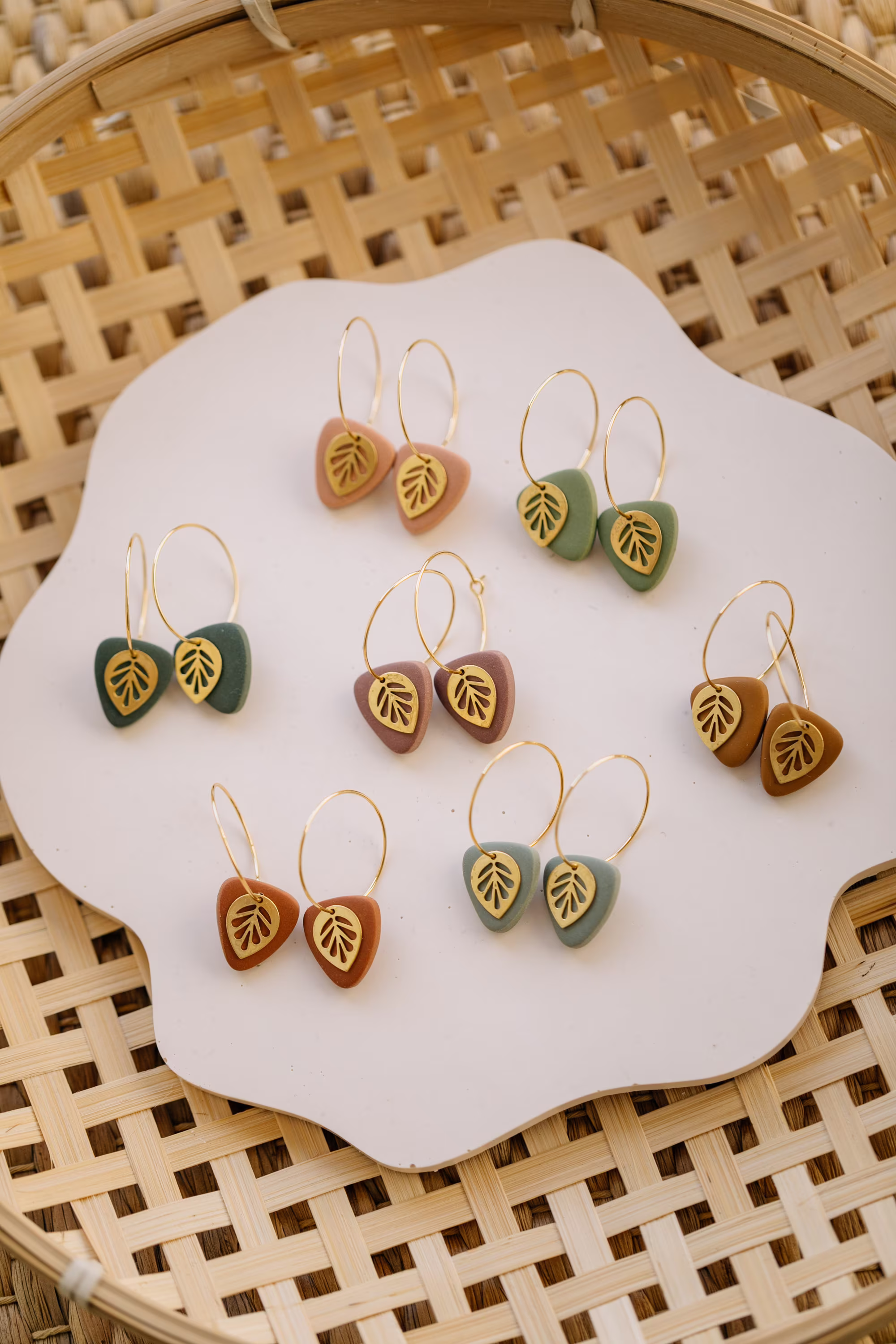 Polymer Clay Ohrringe, Ohrhänger, Creolen, Lela, Edelstahl, Rund, Dreieckig, Blatt, Goldfarben, Handgefertigt