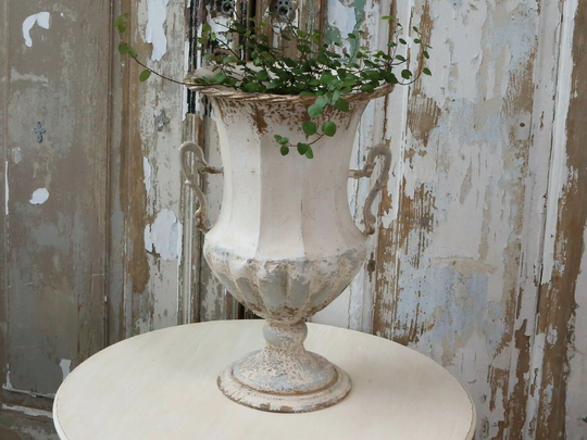 Large French Metal Urn, Rustic Planter With Handles, Indoor Flowers Home Decor, Ornate Natural Antique Cream Shabby Chic