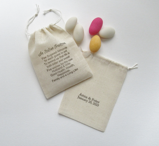 Personalized Wedding Favor Bags, An Italian Tradition Poem, Cotton Drawstring Five Sugared Almonds