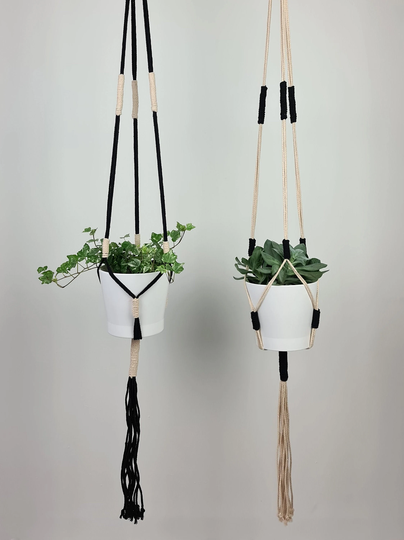 Black & Beige Plant Hanger | Cotton Wooden Ring Hanging Decoration Natural Handmade Boho Flower