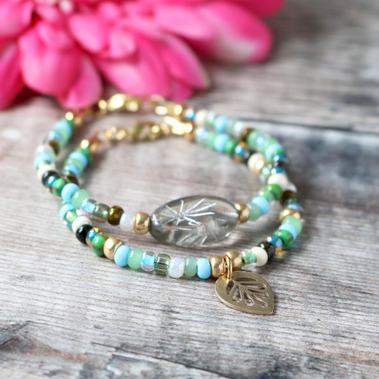 Brass Leaf Charm Bracelet, Green Seed Bead Beaded Boho Inspired Jewellery