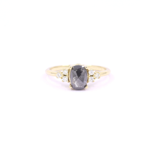 14K Oval Salt & Pepper Diamond Bridal Ring/Natural Engagement Yellow Gold Promise