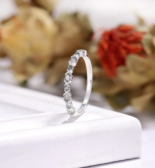 Vintage Salt & Pepper Diamond Wedding Band White Gold Milgrain Bridal Stacking Matching Anniversary