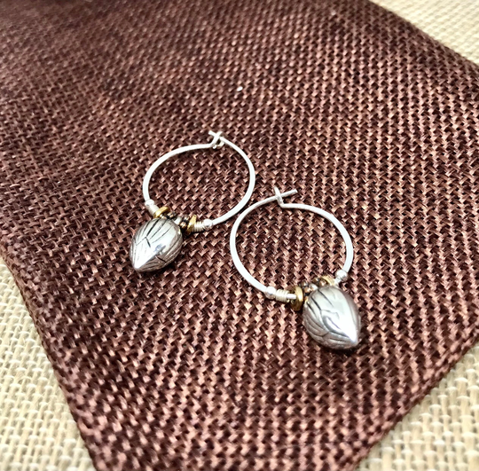 Handcrafted Sacred Lotus Flower Seed Sterling Silver Hammered Hoop Earrings
