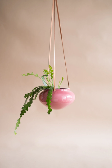 Hanging Flower Pot, Pink Ceramic Planter, Leather Pedenat, Unique Pot, Glaze