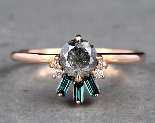 0.68 Ct Salt & Pepper Diamond Ring, Gray Round Brilliant Cut Engagement 14K Gold Gift For Her