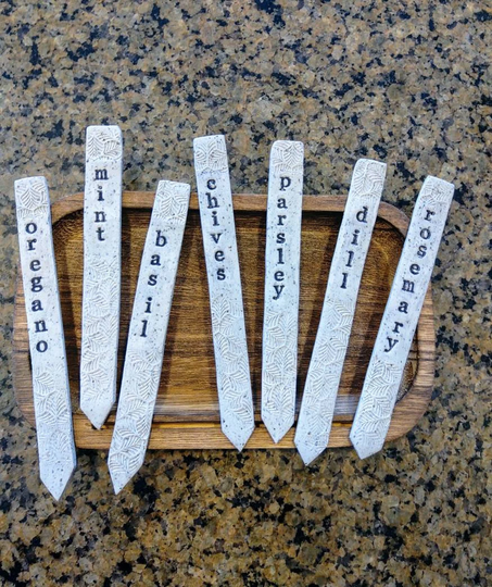 Herb Garden - Clay Markers Handmade Rustic Stakes Plant Polymer Hand Stamped Set Of 7 Or Individual