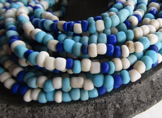 Blue White Seed Glass Beads, Opaque Mix Tone , Rustic Organic Barrel Rondelle Indonesian Bead 3mm To 5mm Dia | 44 Inches Strand 7Bb11-1