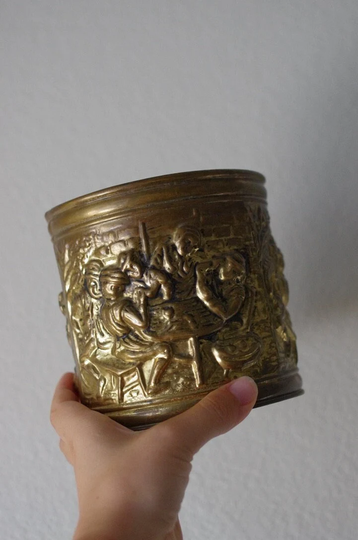 Vintage Brass Embossed Planter, Hammered Raised People Dining Scene Pot