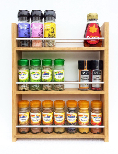 Oak Spice Rack 3 Shelf With Open Top Kitchen Storage For Herbs Jars, Bottles - Freestanding Or Wall Mounted 25.5cm To 57cm Wide