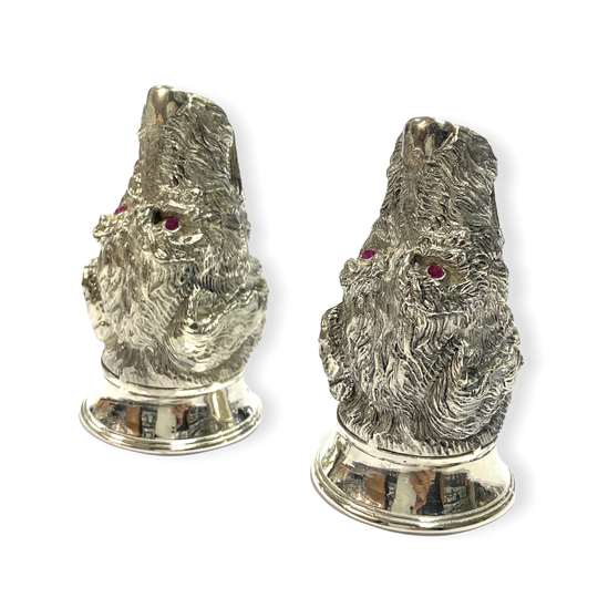 Novelty Dog Head Pair With Ruby Stone Salt & Pepper Shaker Pots 925 Sterling Silver Plated