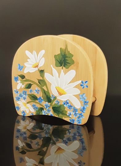 Painted Napkin Holder & Salt Shaker Set, Daisies Forget Me Nots