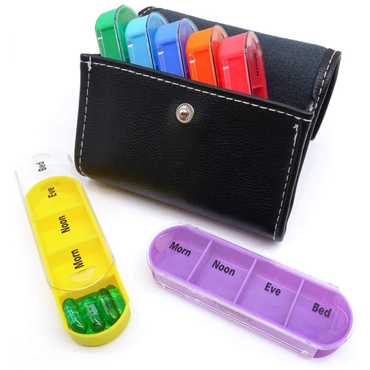 7 Days Weekly Pill Box 28 Compartments Pill Organizer Plastic Medicine Storage Dispenser Case Vitamin Organizer for Travel with pu Leather Bag