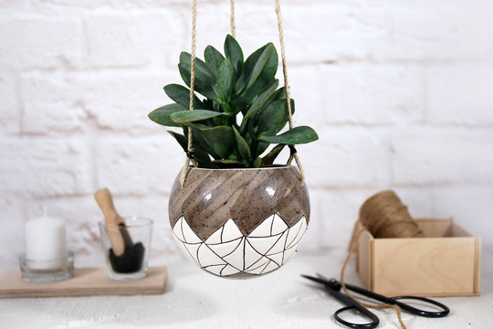 White Ceramic Hanging Planter | Wall Indoor Plant Pot Farmhouse Decor Modern Art