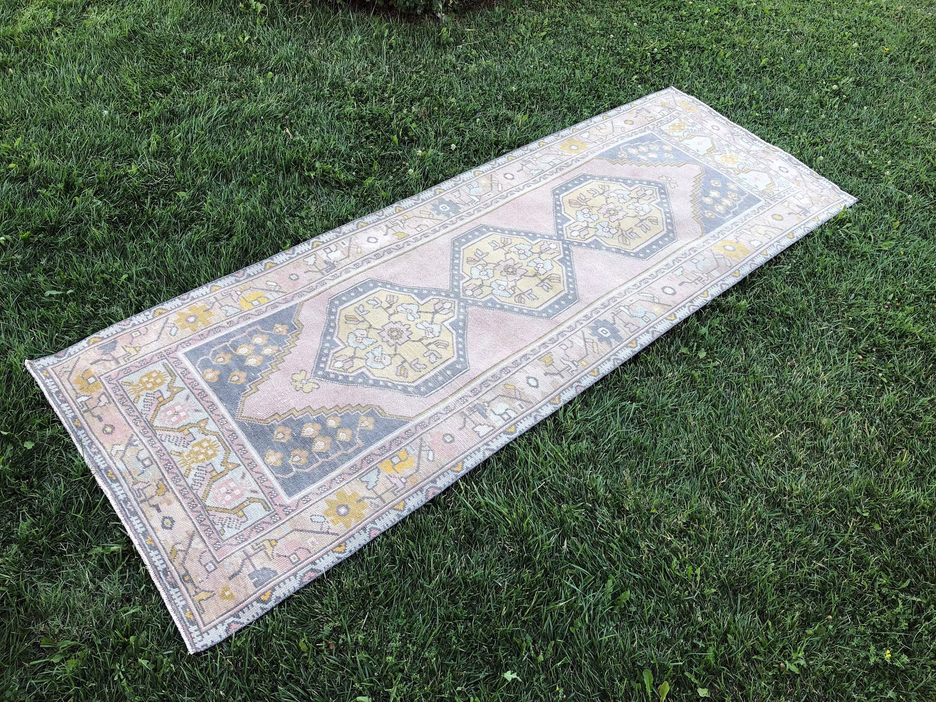 Turkish Runner Pink, Oushak Rug, Vintage Kitchen Boho Entryway Hallway Pastel Floral Rug 3'5"x9'9