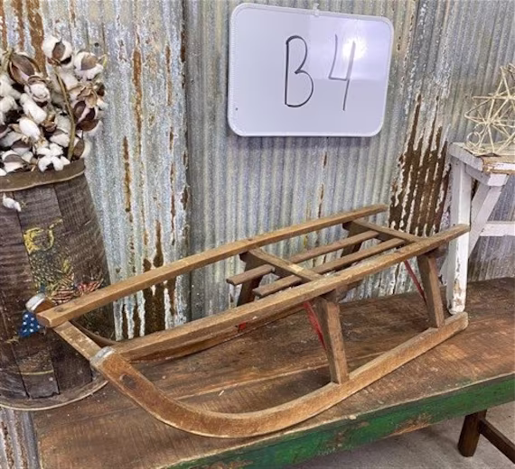 Wooden Snow Sled, Christmas Winter Décor, Classic European Style Wood Sled B4, Childs Sleigh, Seasonal Holiday Décor