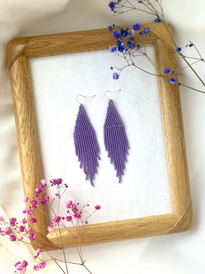 Purple Beaded Earrings Shiny Seed Bead Dangle Fringe Bright Violet Boho Chic Bridesmaid Bridal