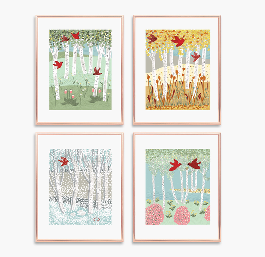 Four Seasons Wall Art, Birch Tree Art, Cardinal in Birch Coordinating Print Set, Seasons Of Prints, Woods Art