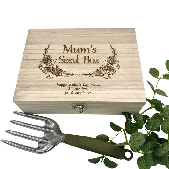 Personalised Mother's Day Seed Box Engraved With A Message. 6 Compartments. Gardening Gift For Mum, Grandma, Any Name