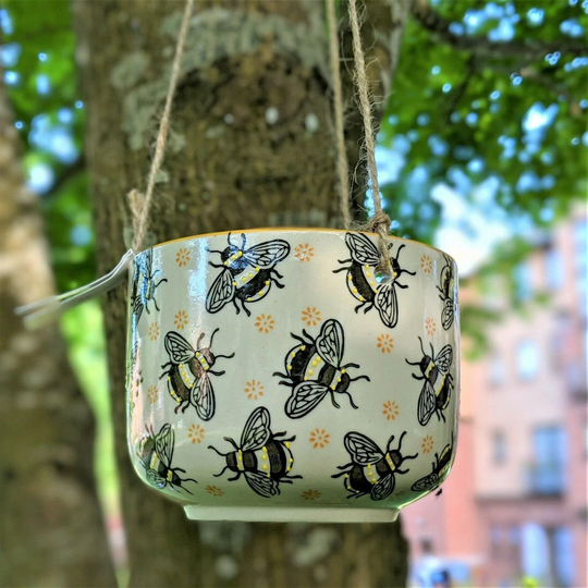 Ceramic Yellow Busy Bee Hanging Flower Planter Or Kitchen Herb Pot Jar