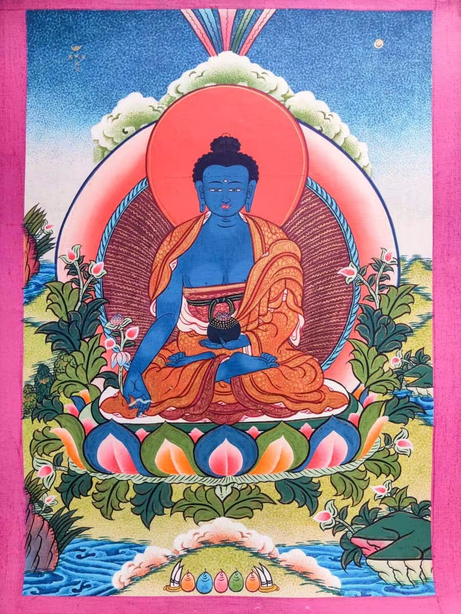 Bhaisajyaguru, Medicine Buddha - Healing Blue Tibetan Thangka Painting