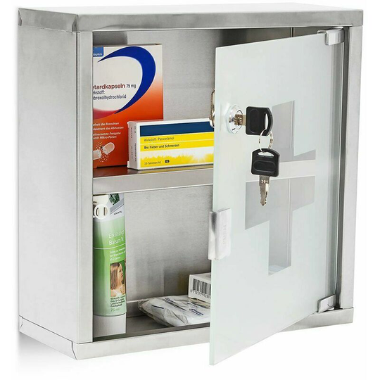 Large Medicine Cabinet Emergency First Aid Box 30 x 30 x 12 cm, 2 Shelves and Locking Door, Stainless Steel and Glass, Silver