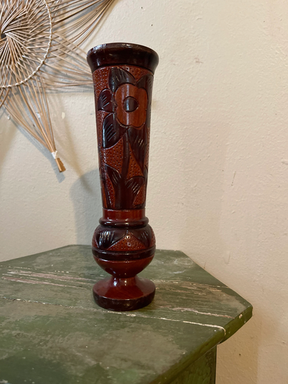 Boho Wood Hand Carved Vase Decor 10.25