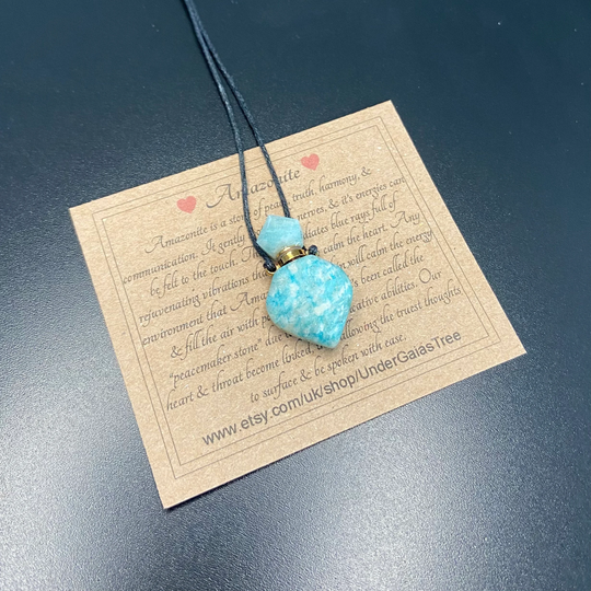 Carved Amazonite Crystal Bottle For Perfume/Oil. Healing Pendant Necklace On Vegan Friendly Cord