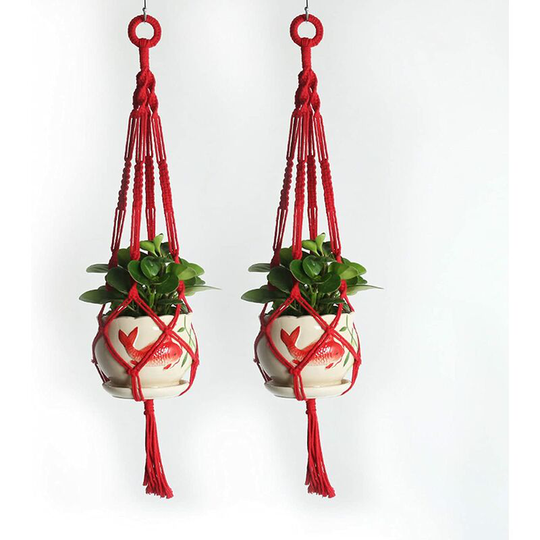 Pack of 2 macrame plant hangers, handmade cotton rope hanging planters, flower pot holders, indoor plant hangers - red