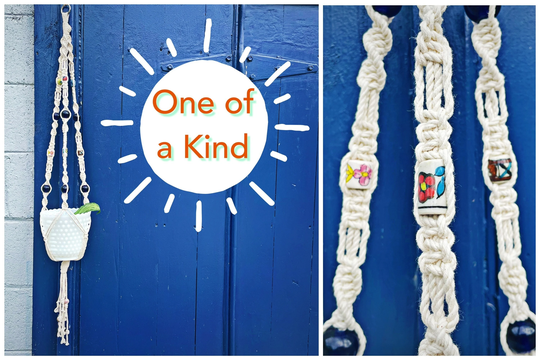 Beaded Plant Hanger || One Of A Kind Natural Cotton With Ceramic & Glass Beads Macrame Hanging Planter 40 Inch Long