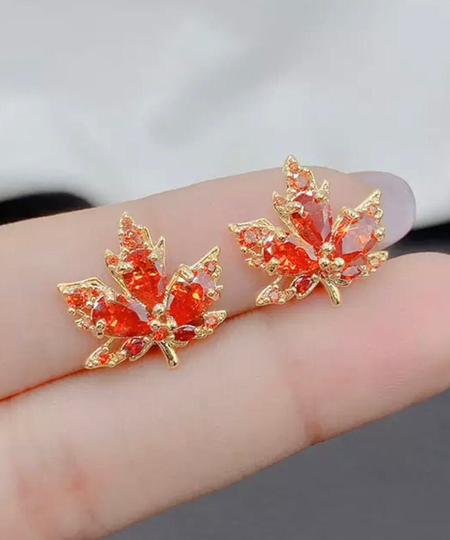 18K Gold Autumn Maple Leaf Stud Earrings - Colourful Amber Crystal Fall Season Gift For Her