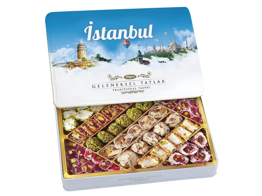 Tuğba Turkish Delight Delicious Traditional Flavors Halal & Vegan Snack Candy İstanbul Metal Box 540 Gr