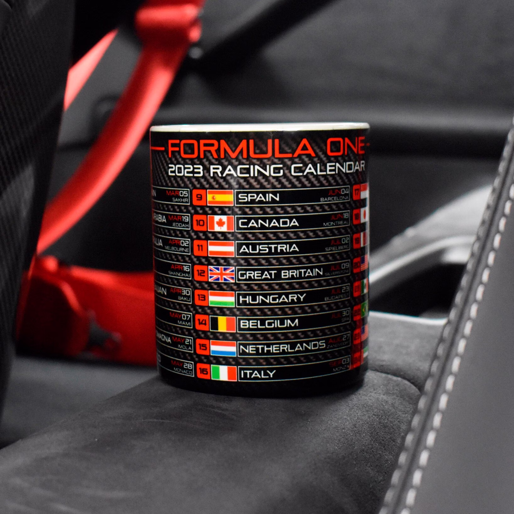 Formula One 2023 Season Racing Calendar Mug - Carbon Fiber Weave/F1 Fans Grand Prix Cars Cup Gift Ideas By Legacy Legends