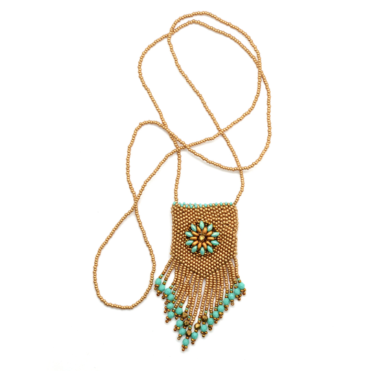 Gold & Turquoise Amulet Pouch, Beaded Crystal Pouch Necklace, Meditation Gift For Yoga Girl, Fair Trade Jewelry, Special Vegan
