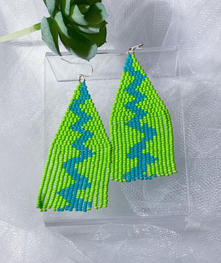 Lime Green & Blue Squiggle Seed Bead Fringe Earrings