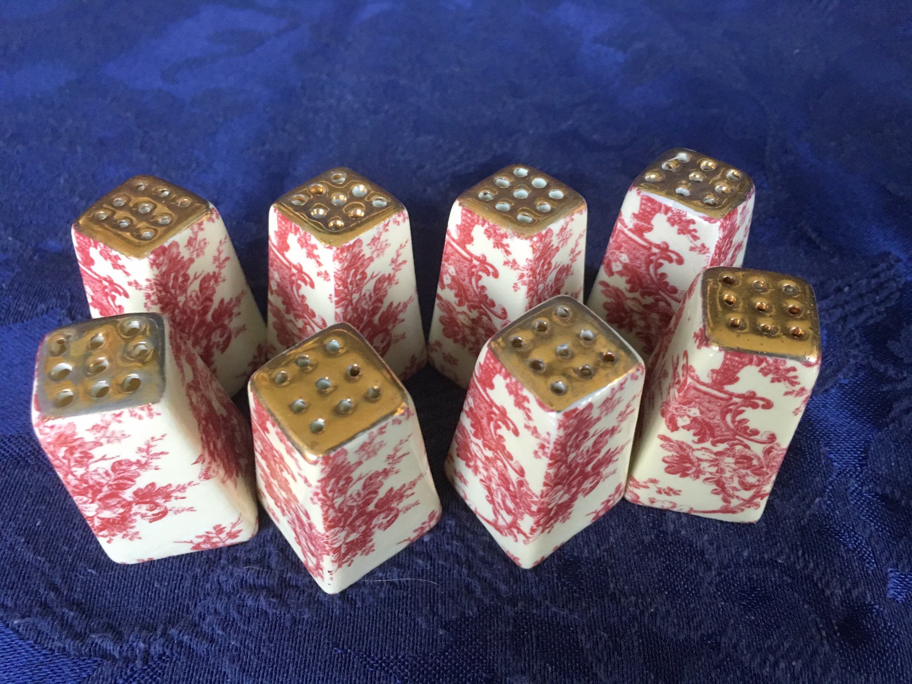 Gilded Porcelain Pepper-Salt Shakers Pink On White-Set Of 8
