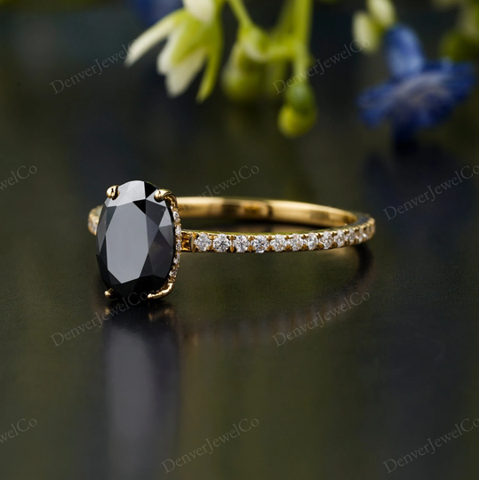 Salt & Pepper Diamond Ring, Oval Cut Moissanite Half Eternity Wedding Gift 14K Yellow Gold Ring Anniversary For Her