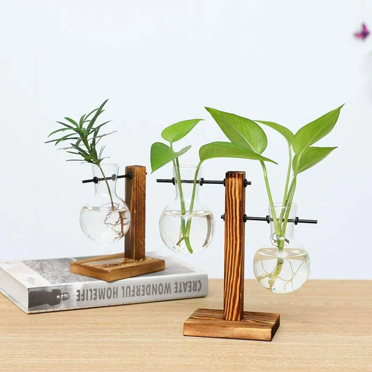 Bearsu - 2 Pack Plant Terrarium with Wooden Stand Air Planter Bulb Glass Vase Propogation Station for Hydroponics Plants Home Garden Office