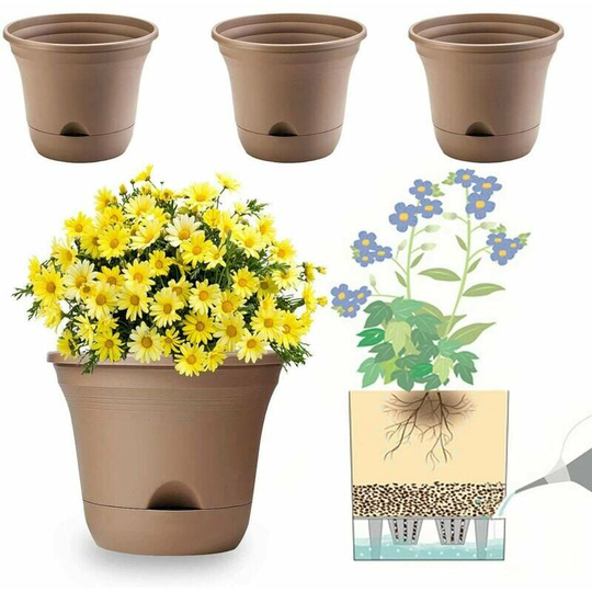 20CM Self-watering Flower Pot, Long-term Plant Pot for Water Storage, Deep Reservoir, Planter Pot for Indoor Plants Home Decoration - Brown, Set of 4