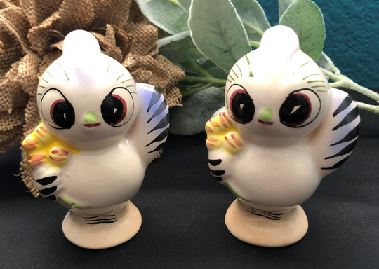 Vintage Collectible Ceramic Hand Painted Big Eyed Blue Birds with Yellow Floral Bouquets - Salt & Pepper Shakers