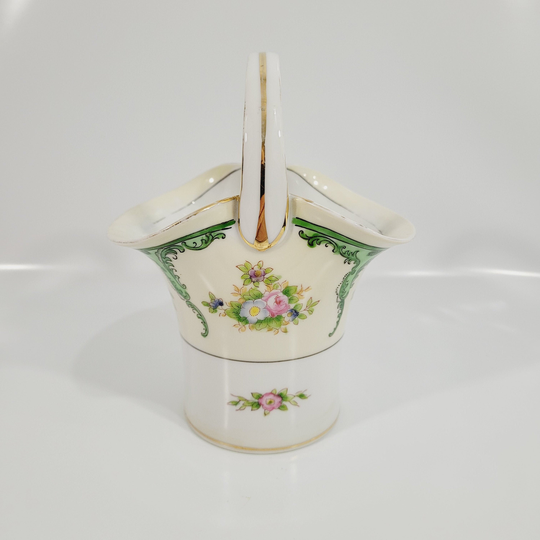Noritake Basket Planter Vase | Fine China Porcelain Floral & Gold Print