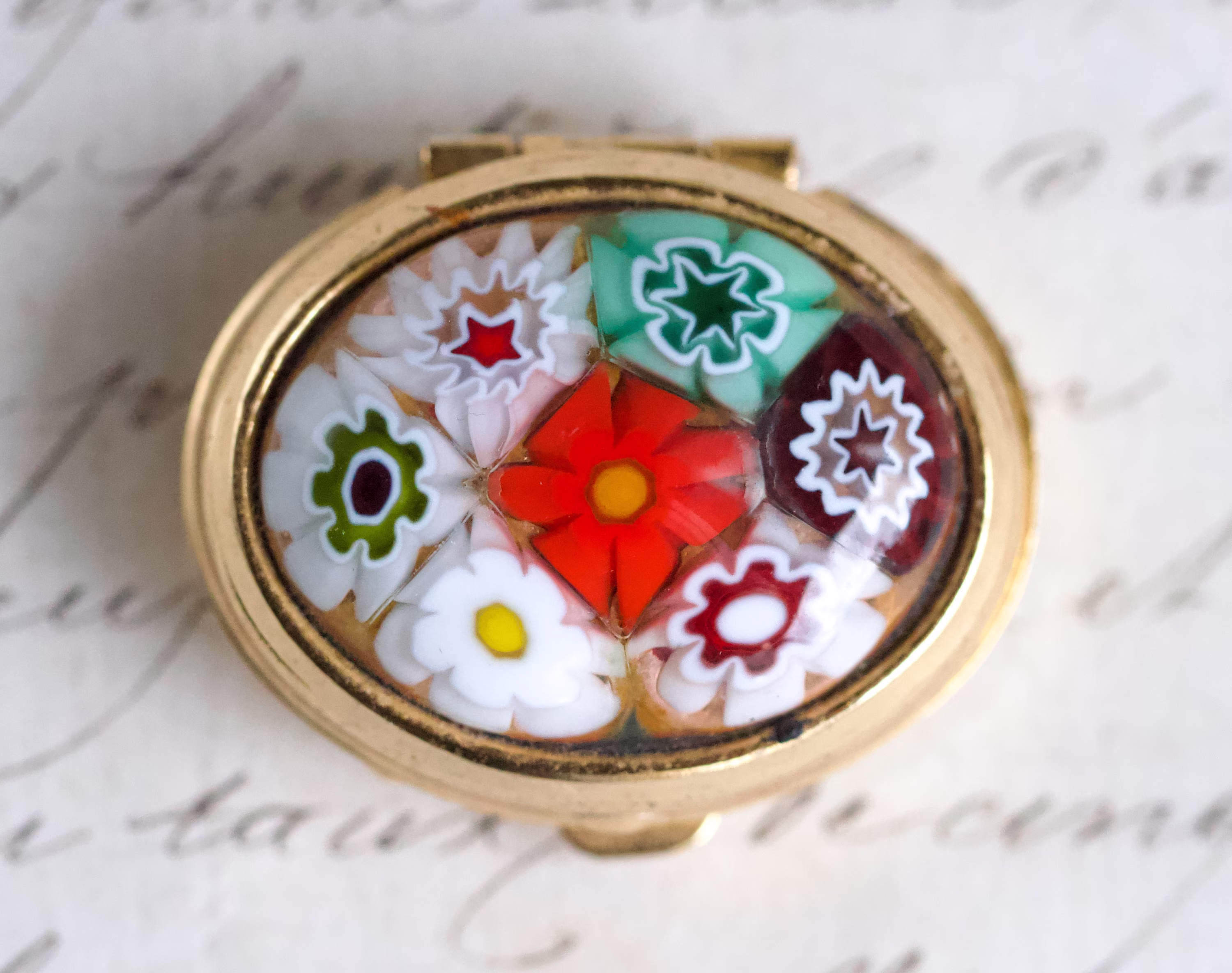 Floral Pill Box - Vintage Small Oval Medicine With Colourful Flowers On Gold