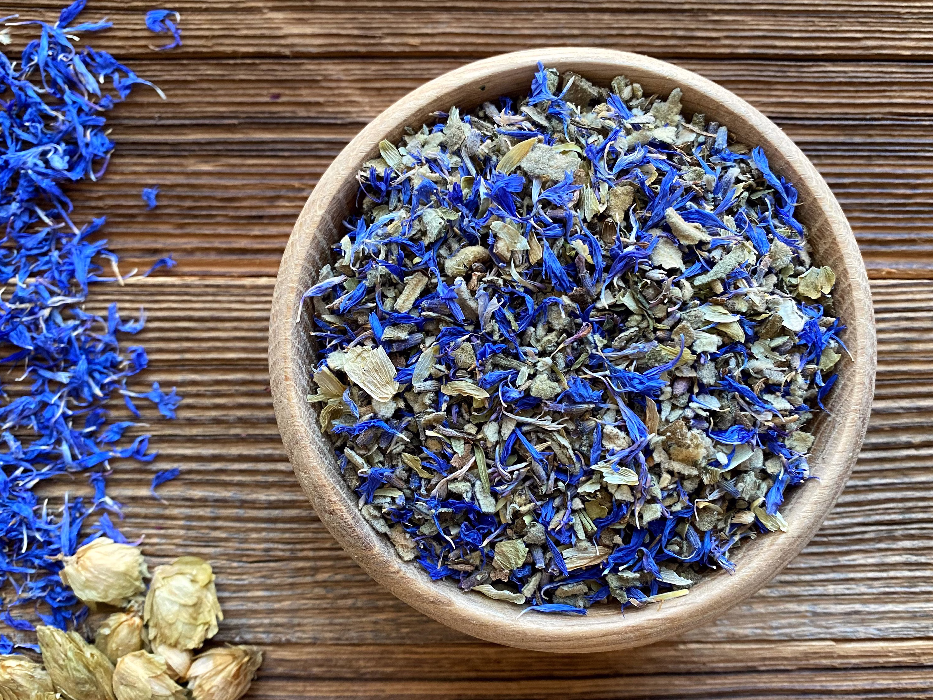 Sleep Herbal Blend Deep, Good Night Sleep Support Tea With Skullcap, Lavender, Hops, Mullein & Blue Cornflower Petals