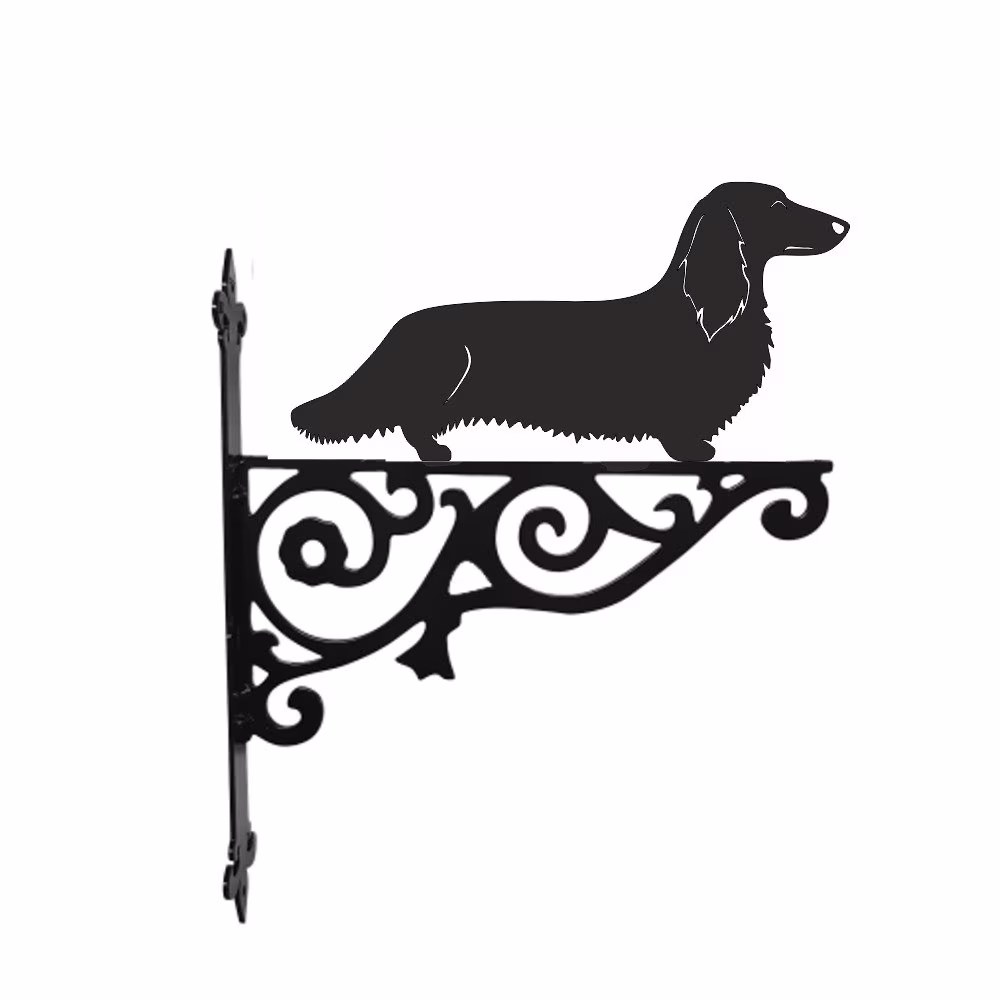 Dachshund Long Haired Ornamental Hanging Bracket - Contemporary Basket Wall Mounted Decorative Garden Black