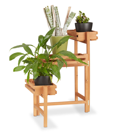 Flower Staircase, 3-Tier Ladder Rack, Adjustable Wooden Plant Stand, Shelf Height 57 cm, Natural - Relaxdays