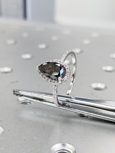 1920's Raw Salt & Pepper Diamond Halo, Pear Halo Ring, Unique Engagement Bridal Set, Black, Gray Pear, 14K Yellow Rose White Gold