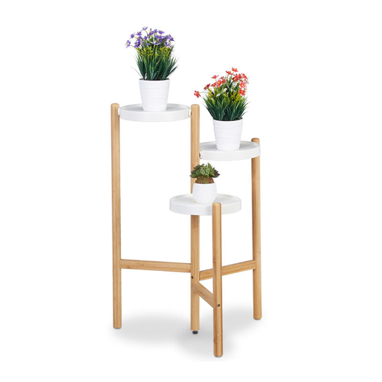Relaxdays - 3-Tier Flower Rack, Round Trays for Indoor Use, Metal & Bamboo, Plant Stand, hwd 78x53x45 cm, Natural/White